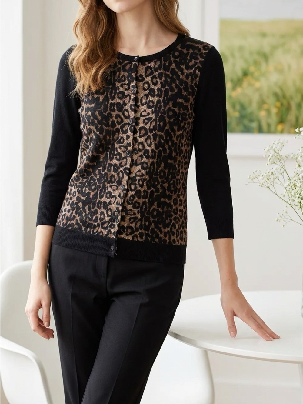 Ann Taylor Black/Brown Leopard-Print Cardigan in 100% extra fine Merino Wool.